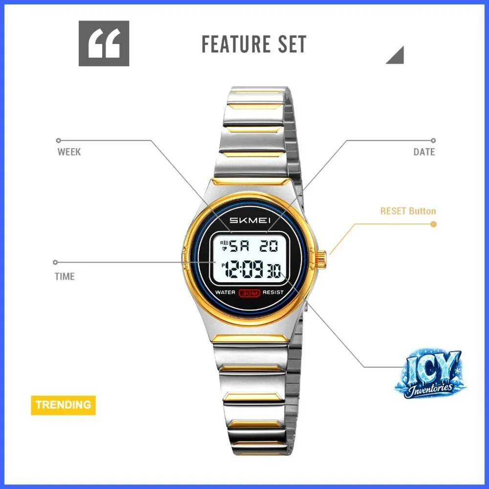 Stainless Steel Digital Watch Waterproof 30M Quartz Movement Alarm Stopwatch